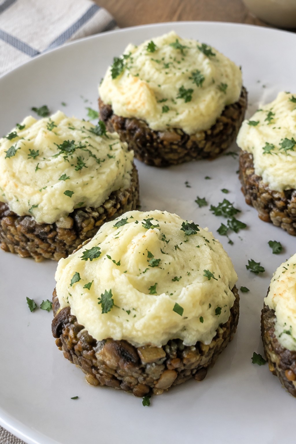 Hearty Mushroom and Lentil Vegetarian Mini Meatloaves with Mashed Potato Topping