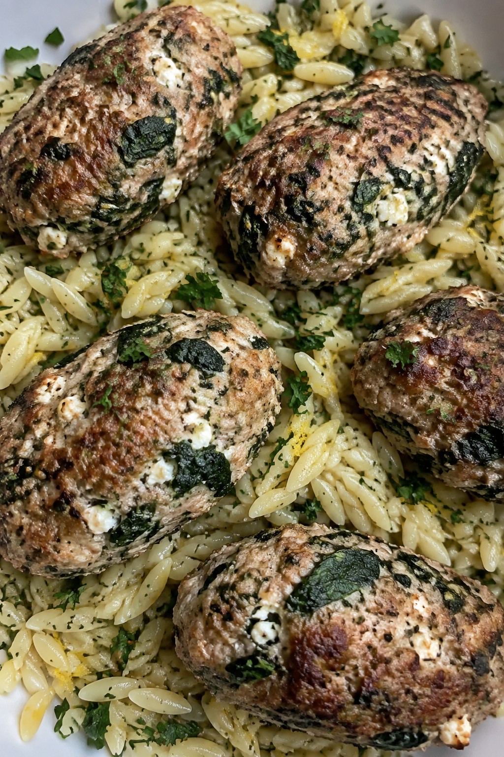 Greek Spinach-Feta Mini Meatloaves over Lemon Orzo