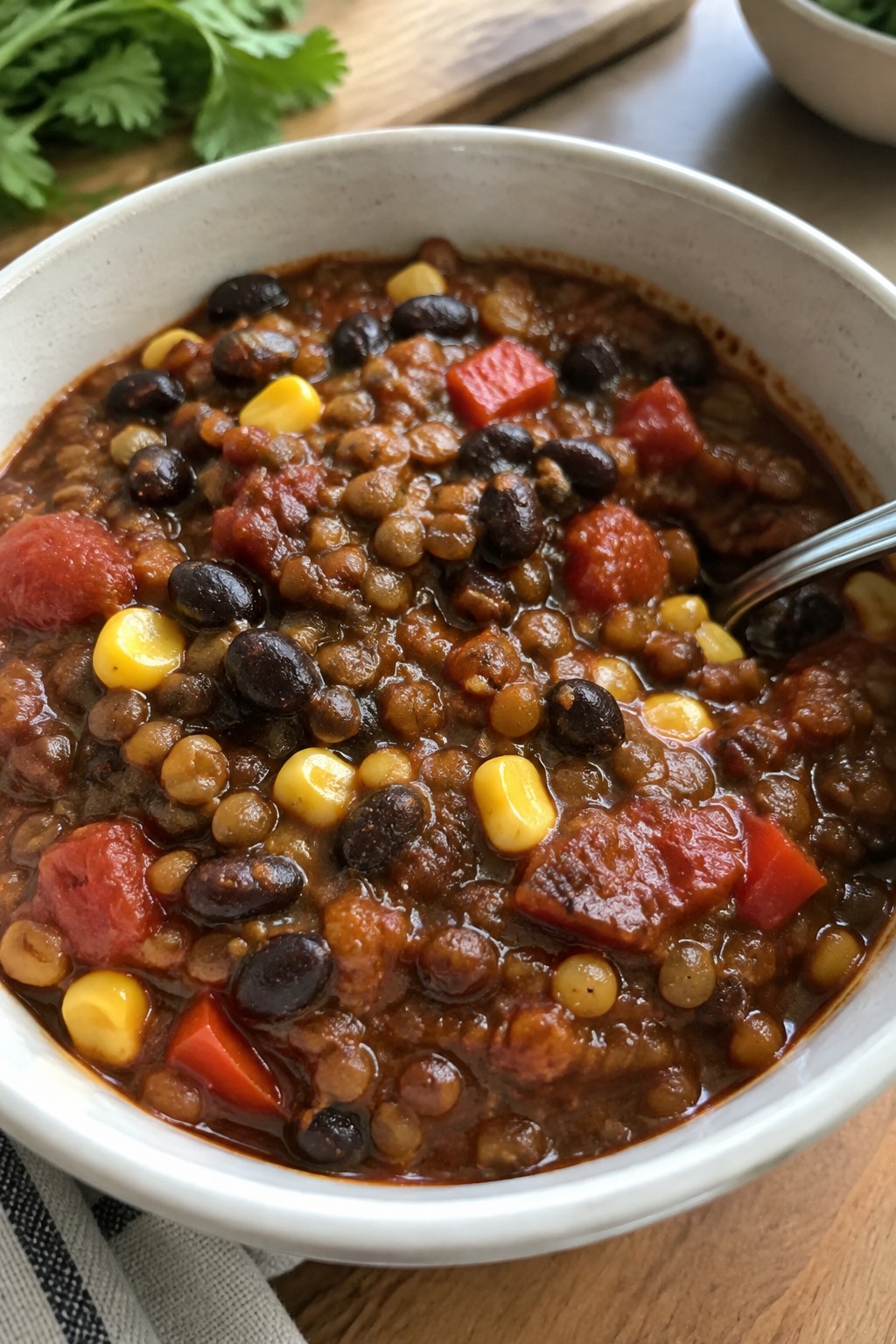 Chipotle Black Bean and Lentil Chili with Corn