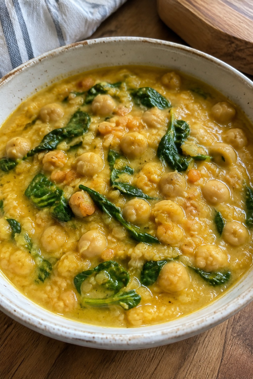 Creamy Coconut Red Lentil Soup with Chickpeas and Spinach