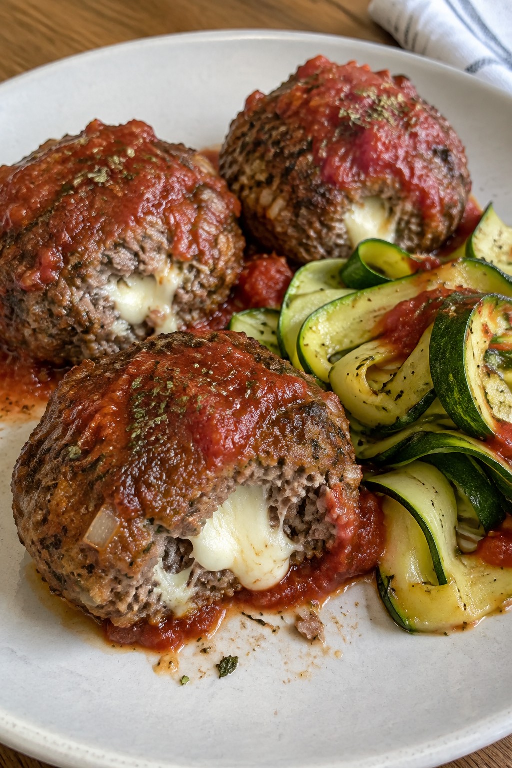 Mini Italian Meatloaves with Mozzarella, Zucchini Ribbons, and Tomato Sauce