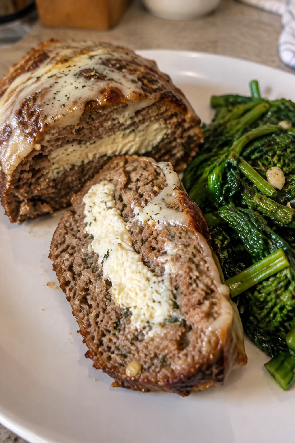 Ricotta-Filled Italian Meatloaf with Mozzarella and Garlic Broccoli Rabe
