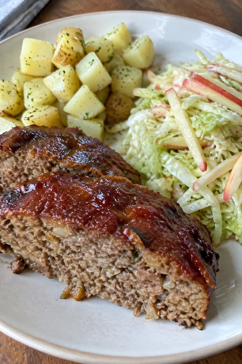 Maple Brown Sugar Meatloaf with Apple Cabbage Slaw and Potatoes