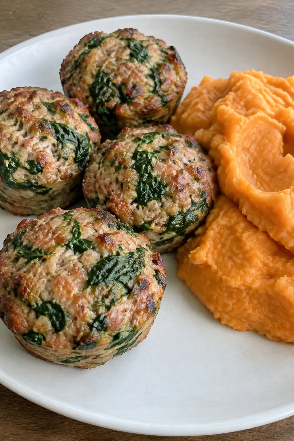 Turkey Spinach Meatloaf Muffins with Sweet Potato Mash