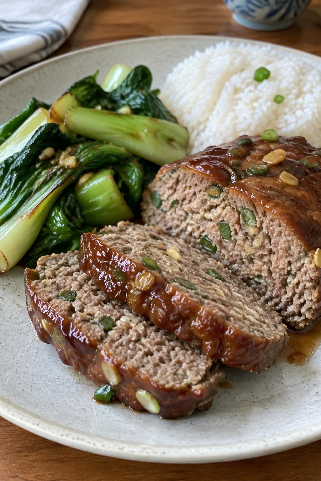 Asian Ginger-Scallion Meatloaf with Stir-Fried Bok Choy and Rice
