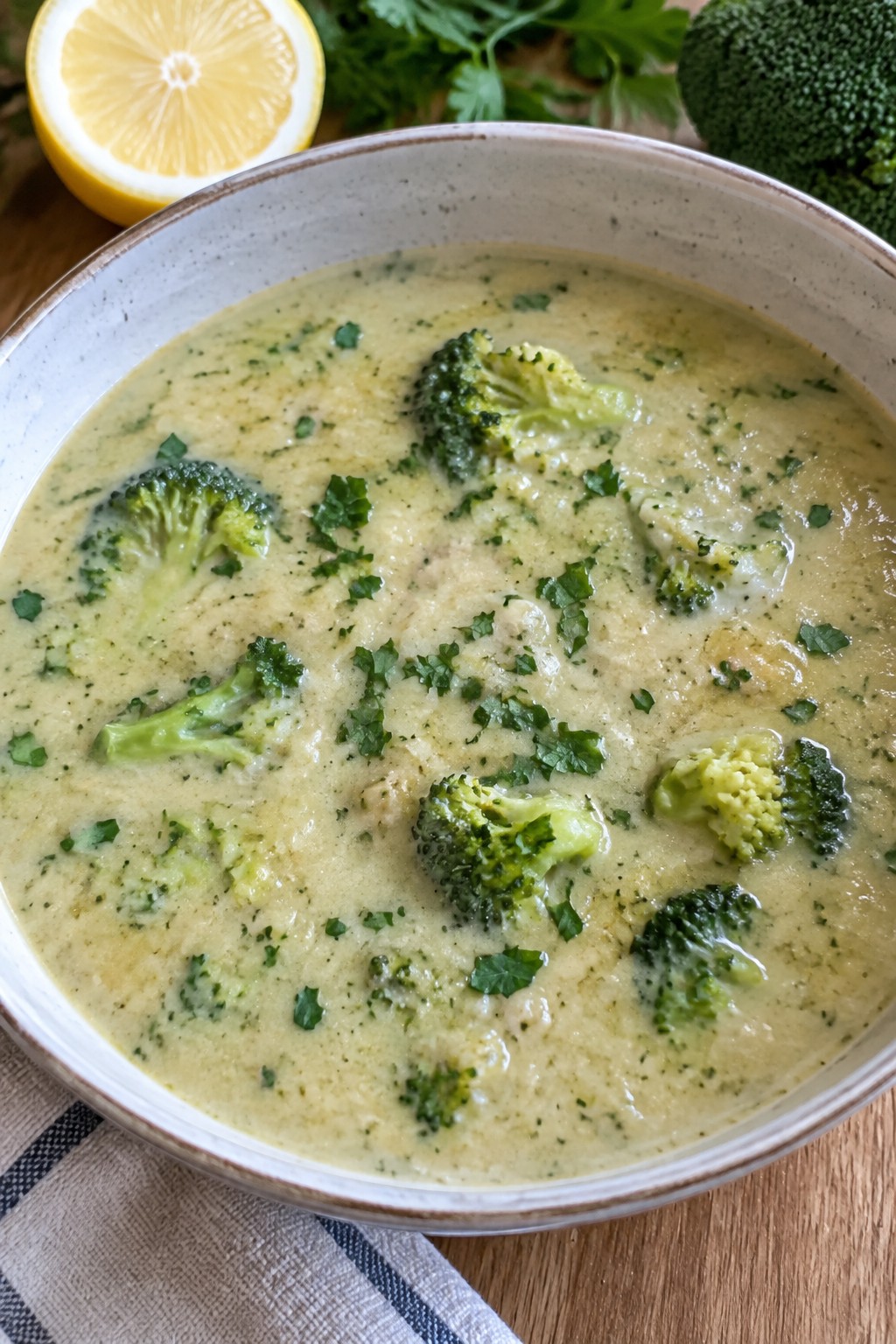 Lemon Garlic White Bean Broccoli Soup