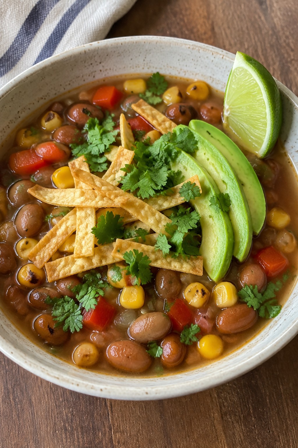 Mexican Pinto Bean and Roasted Corn Tortilla Soup