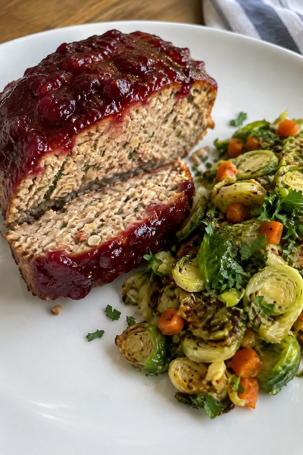 Cranberry Glazed Turkey Meatloaf with Brussels Sprouts Hash
