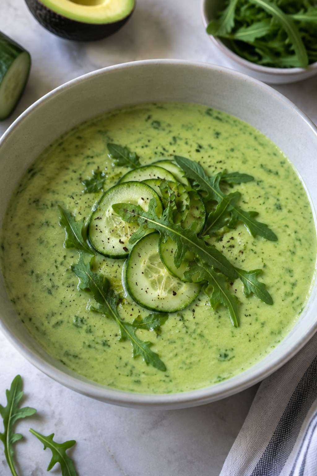 Chilled Cucumber Arugula and Avocado Soup