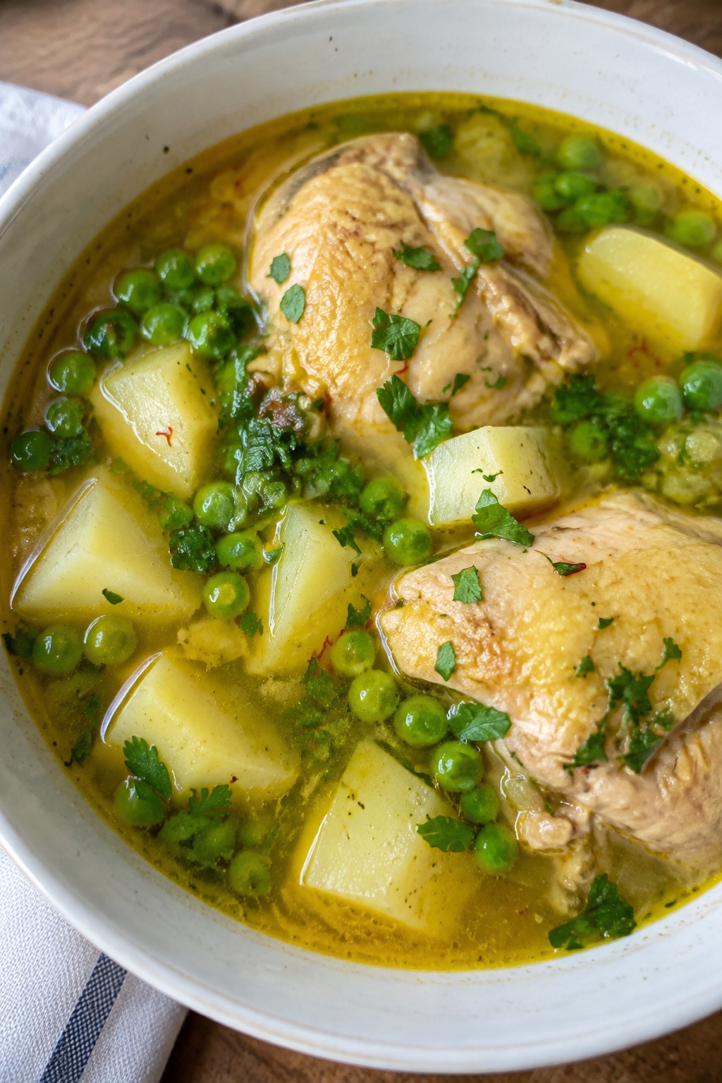 Spanish Saffron Chicken Soup with Potatoes and Peas