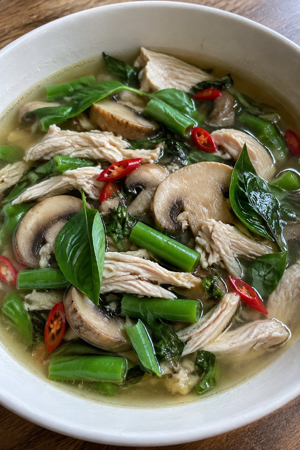 Thai Basil Chicken Soup with Mushrooms and Green Beans