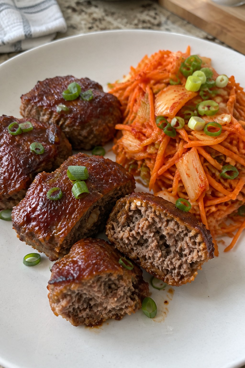 Korean Gochujang Beef Mini Meatloaves with Kimchi Carrots