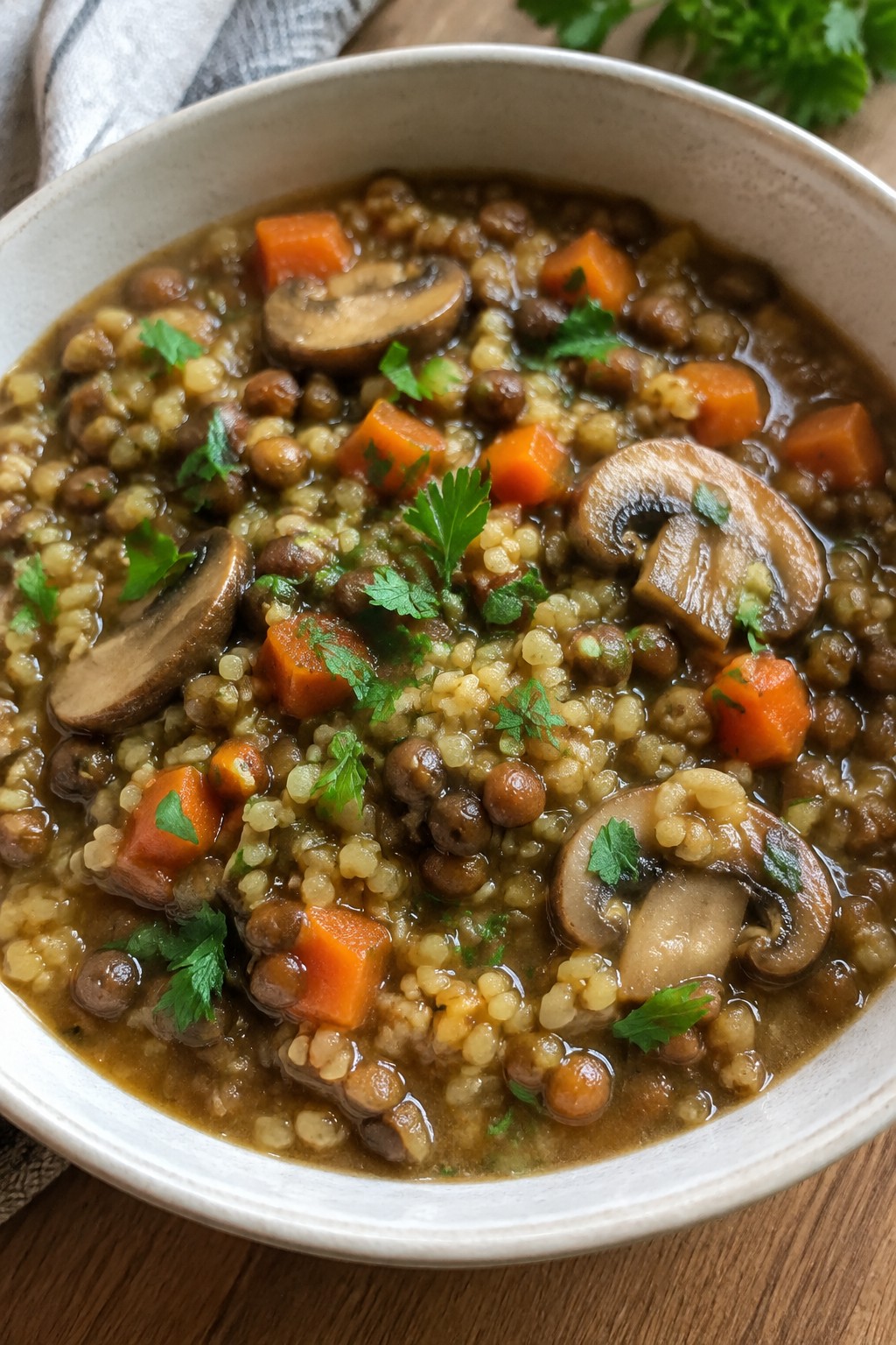 Bulgur Wheat Mushroom Lentil Stew
