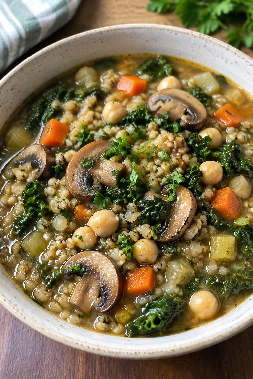 Freekeh Mushroom and Chickpea Vegetable Soup