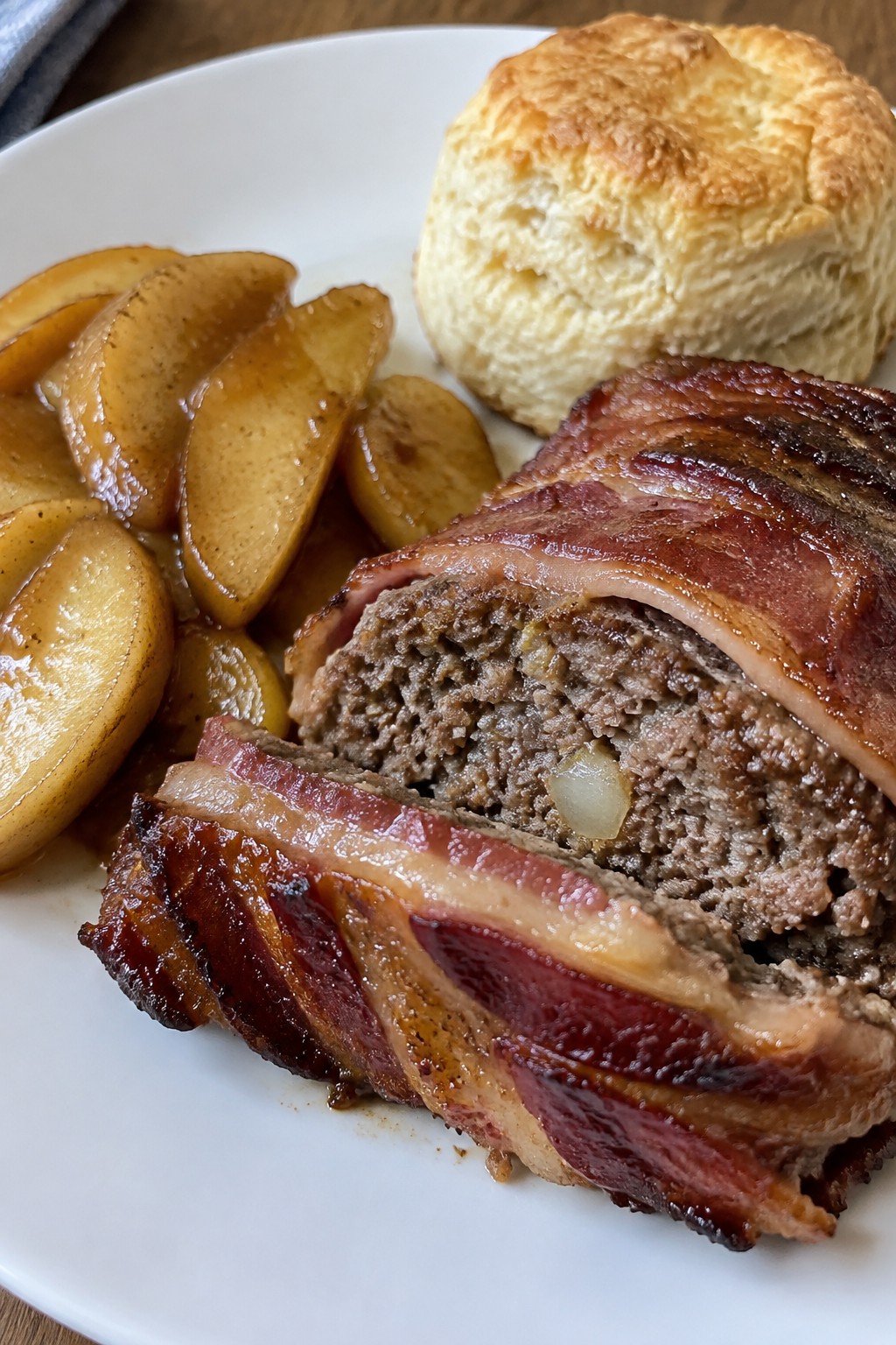 Smoky Bacon-Wrapped Meatloaf with Fried Apples and Biscuits