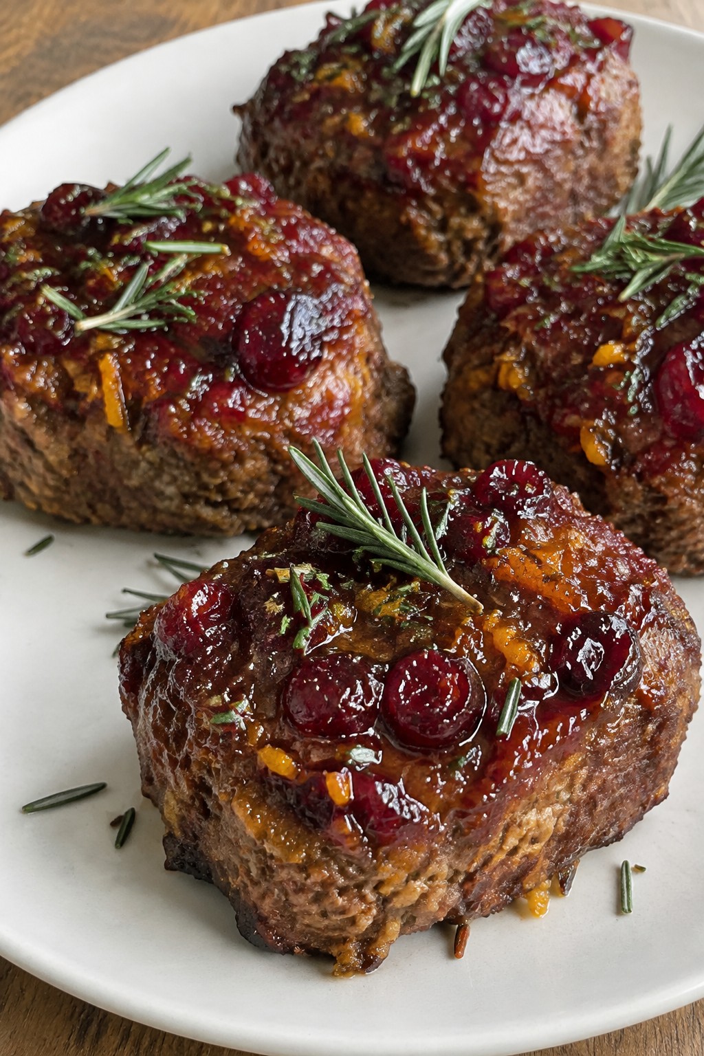 Mini Venison Meatloafs with Cranberry Orange Glaze and Fresh Rosemary