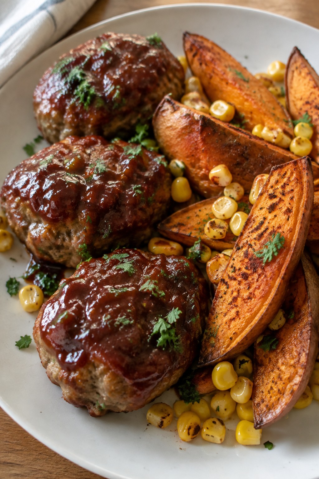 BBQ Turkey Mini Meatloaves with Sweet Potato Wedges and Corn