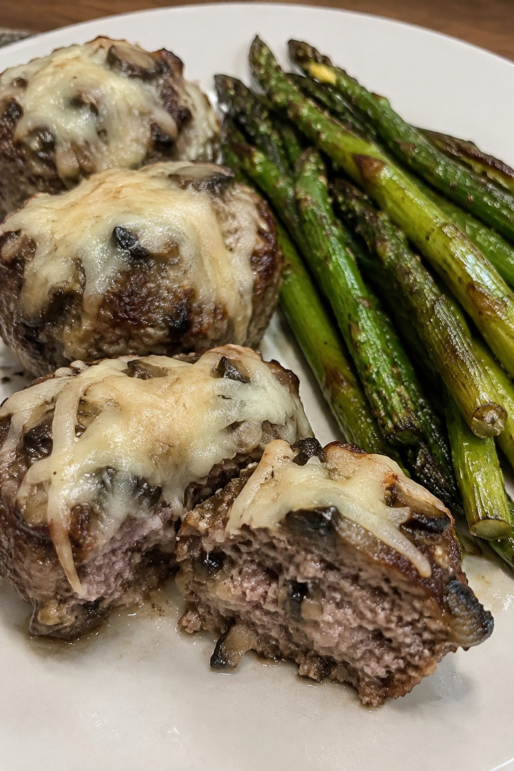 Mushroom Swiss Beef Mini Meatloaves with Asparagus Spears