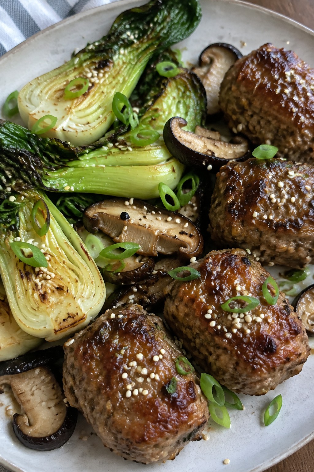 Sesame-Ginger Pork Mini Meatloaves with Bok Choy and Shiitake Mushrooms