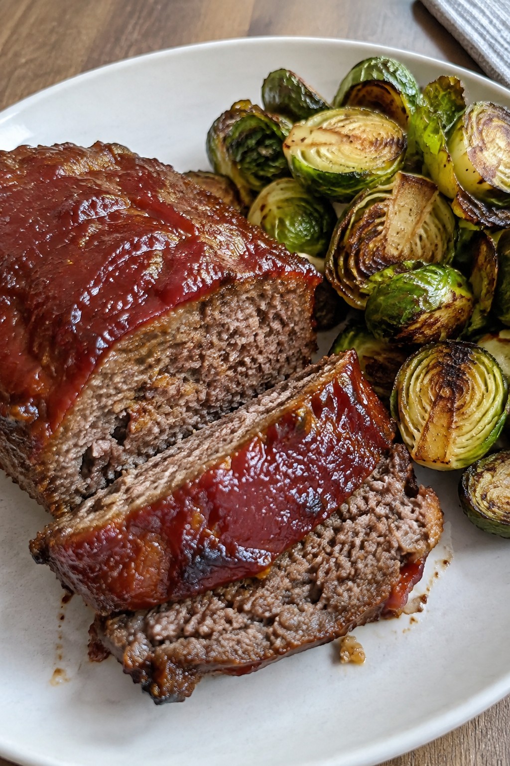 Air Fryer Meatloaf with Tomato-Brown Sugar Sauce and Crispy Brussels Sprouts