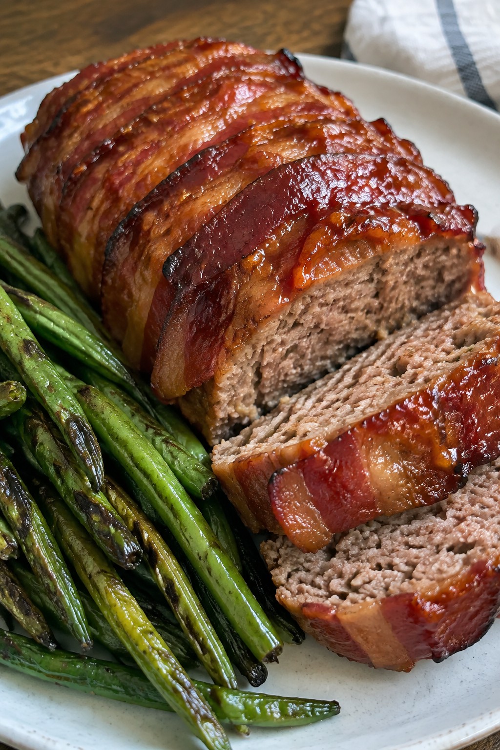 Bacon-Wrapped Meatloaf with Tomato-Brown Sugar Sauce and Roasted Green Beans