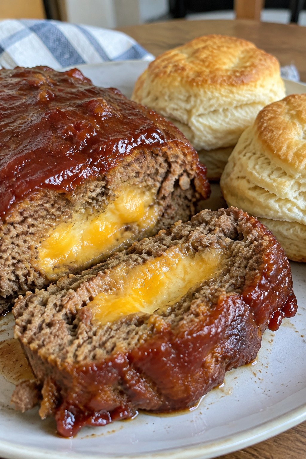Cheese-Stuffed Meatloaf with Tomato-Brown Sugar Sauce and Buttermilk Biscuits
