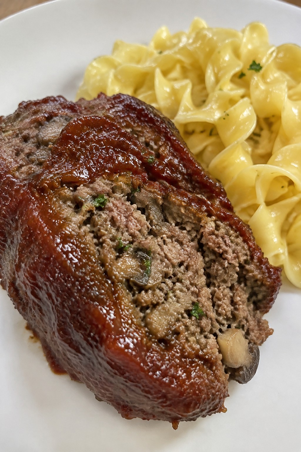 Mushroom and Herb Meatloaf with Tomato-Brown Sugar Sauce and Buttered Egg Noodles