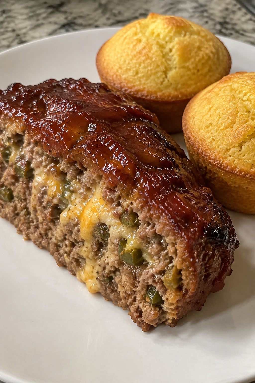 Spicy Pepper Jack Meatloaf with Tomato-Brown Sugar Sauce and Cornbread Muffins