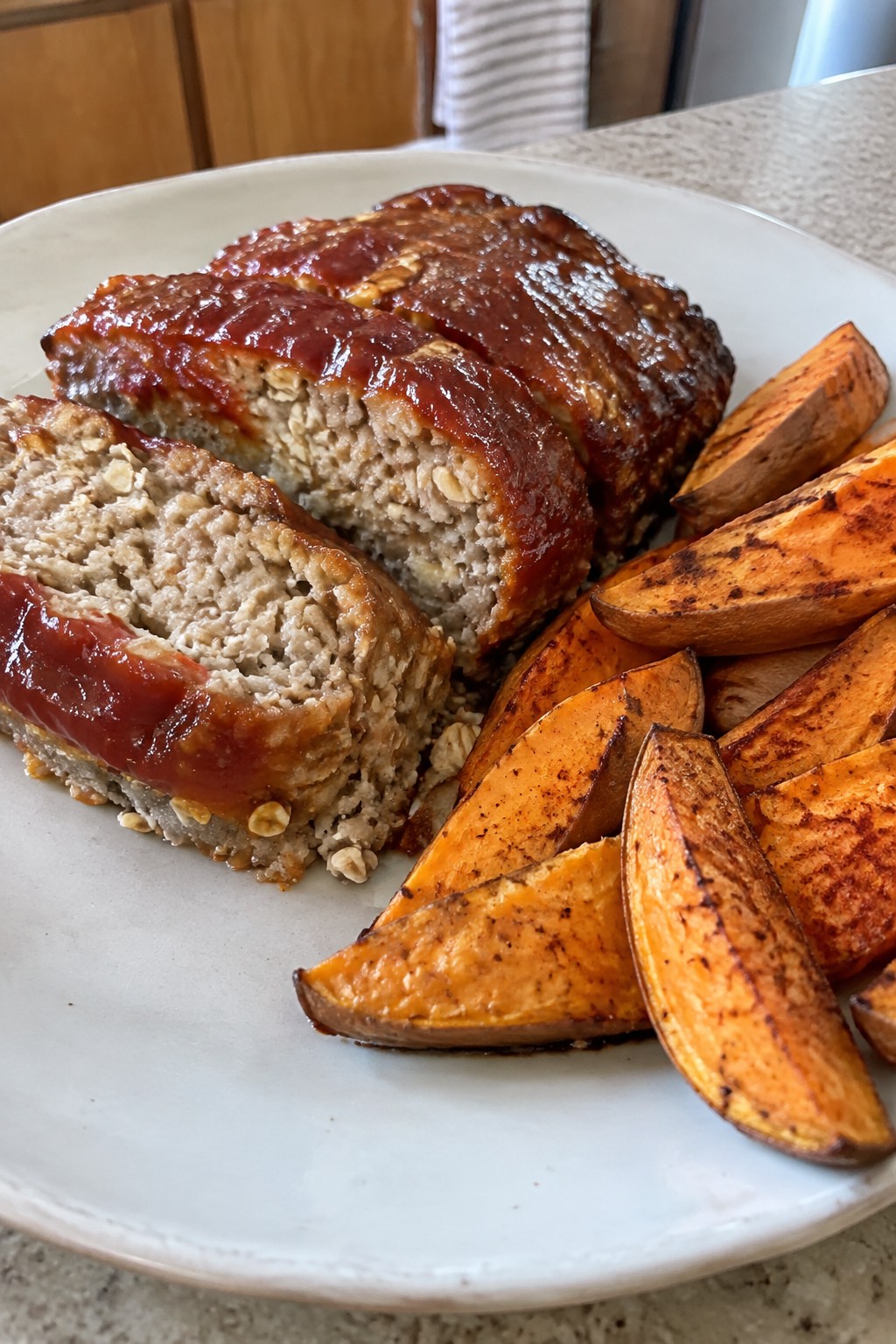 Turkey and Oat Meatloaf with Tomato-Brown Sugar Sauce and Sweet Potato Wedges
