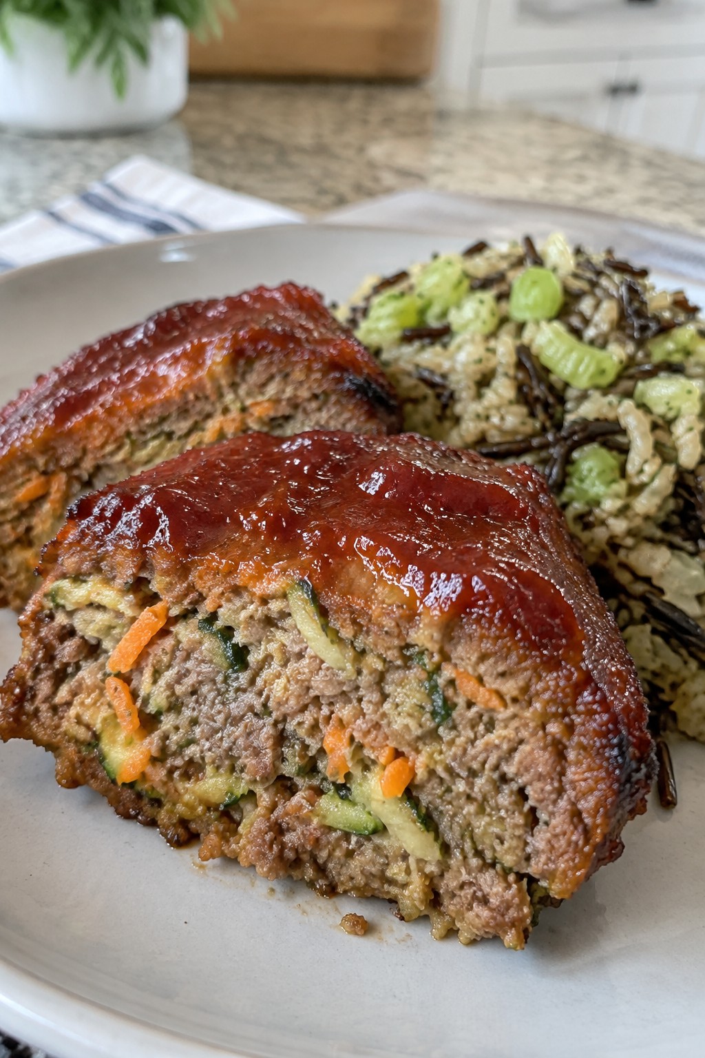 Veggie-Loaded Meatloaf with Tomato-Brown Sugar Sauce and Wild Rice Pilaf