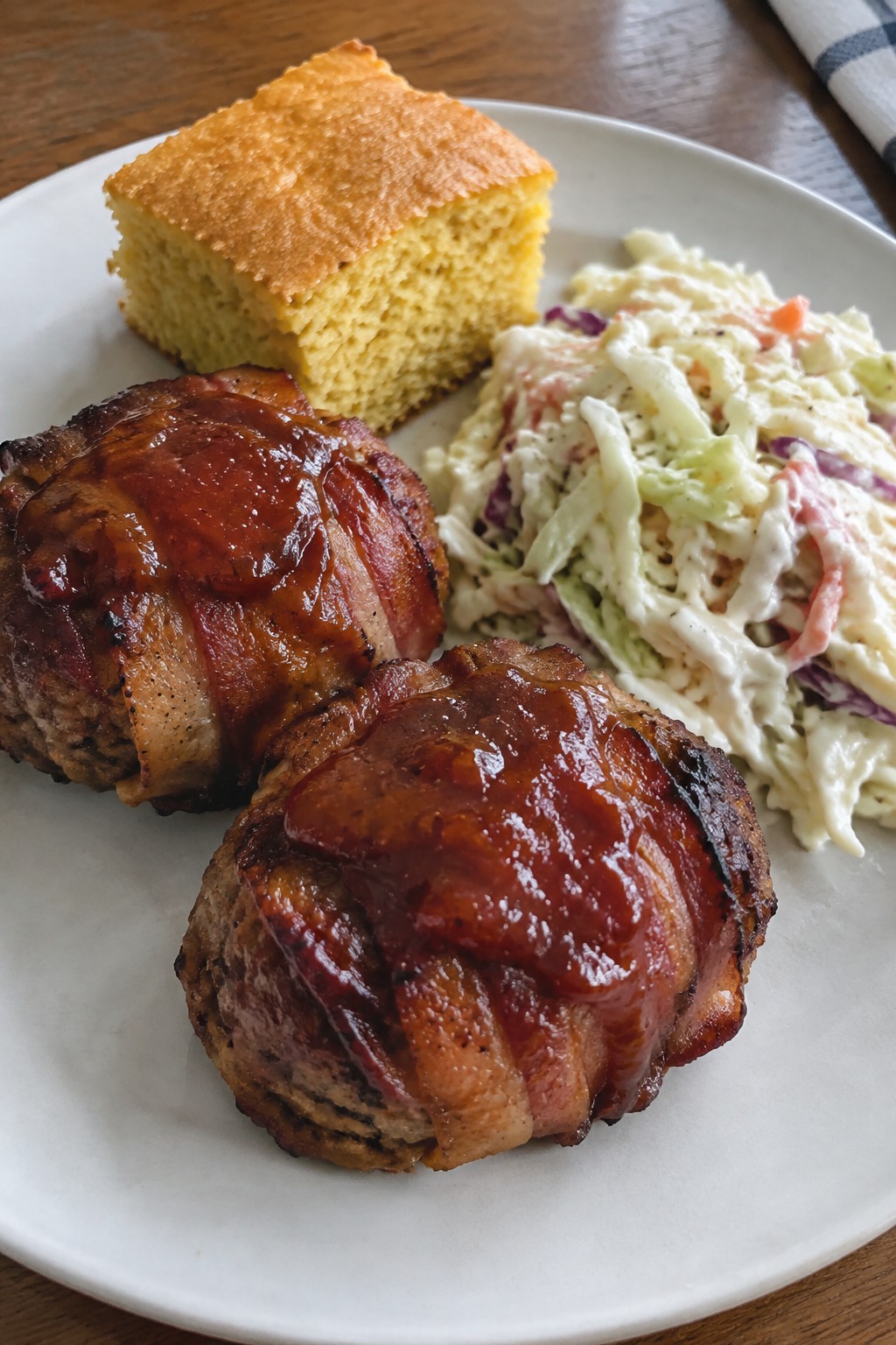 BBQ Glazed Bacon-Wrapped Mini Meatloaves with Creamy Coleslaw and Cornbread