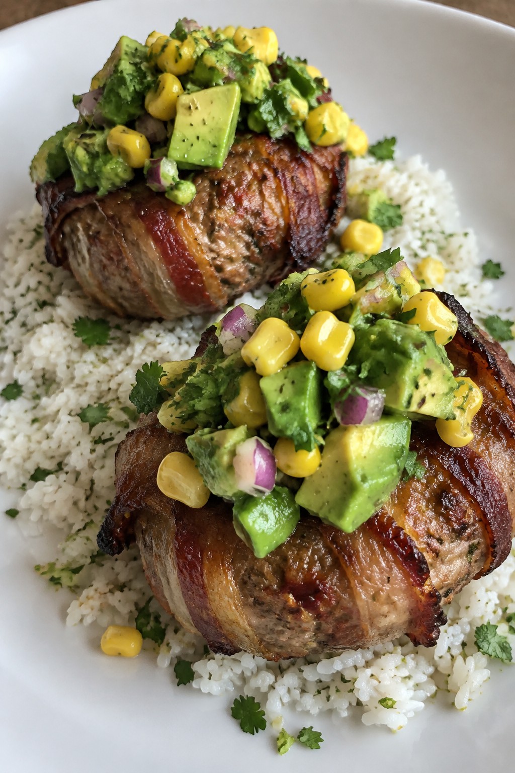 Chipotle Bacon-Wrapped Mini Meatloaves with Avocado Corn Salsa and Lime Rice