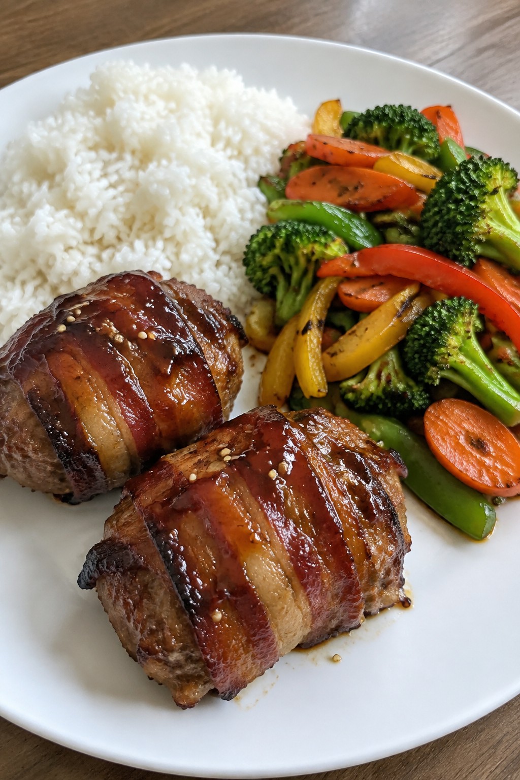 Teriyaki Bacon-Wrapped Mini Meatloaves with Stir-Fried Vegetables and Jasmine Rice