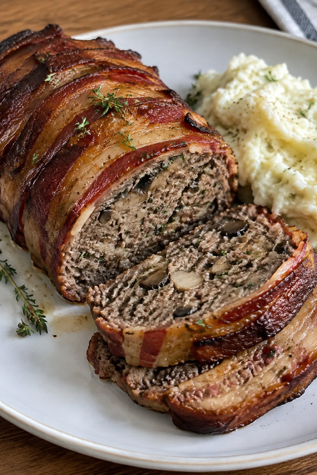 Mushroom and Thyme Bacon-Wrapped Meatloaf with Mashed Celery Root