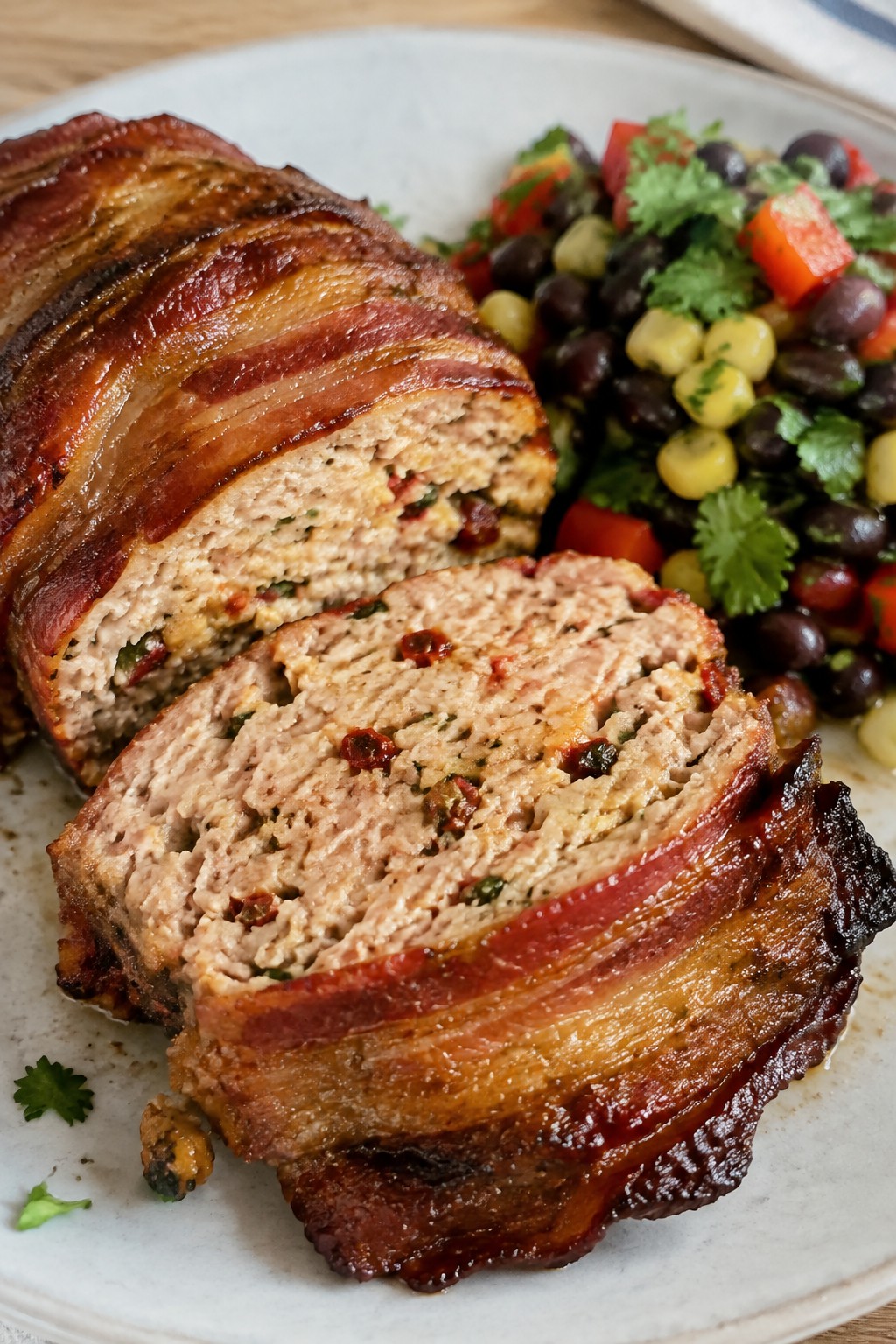 Spicy Chipotle Bacon-Wrapped Turkey Meatloaf with Black Bean Salad