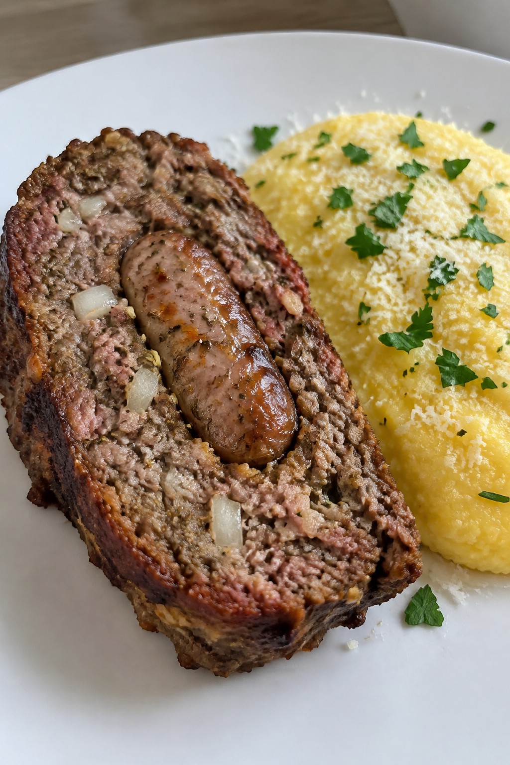 Italian Sausage-Stuffed Beef and Pork Meatloaf with Creamy Polenta