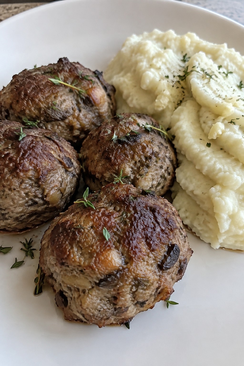 Mushroom Thyme Turkey Mini Meatloafs with Garlic Cauliflower Mash