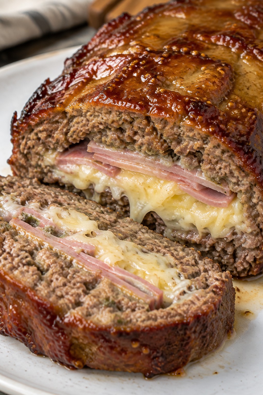 Ham and Gruyère Stuffed Meatloaf with Dijon Glaze