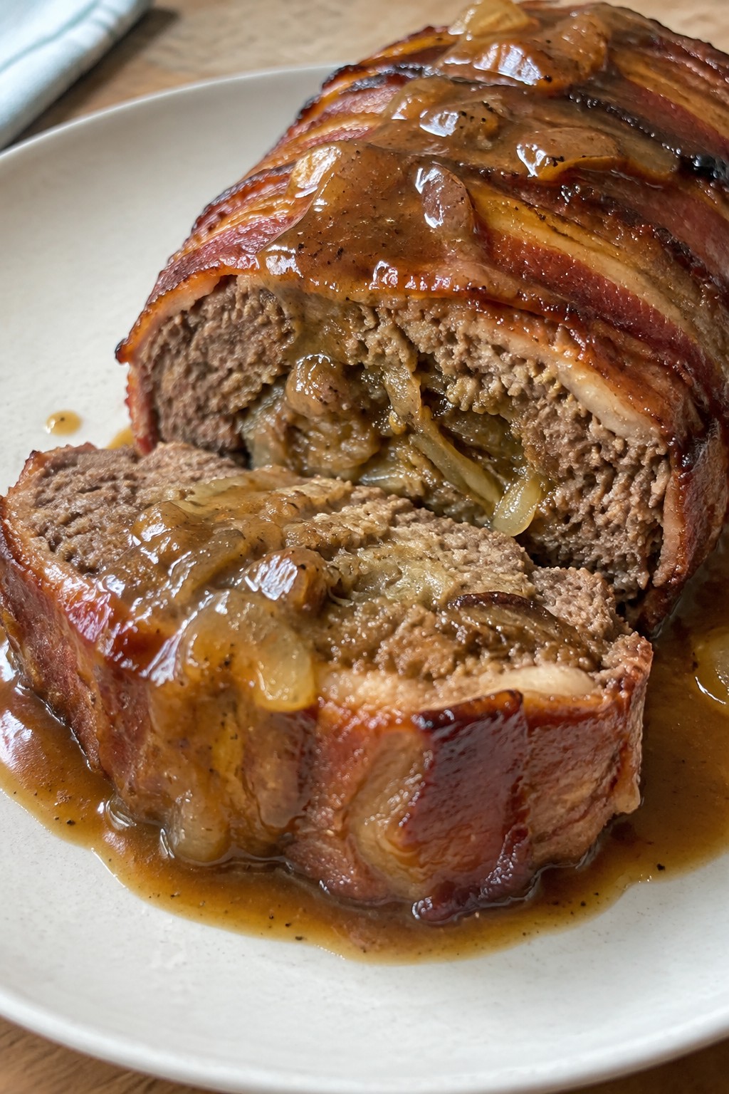 Bacon-Wrapped French Onion Meatloaf with Rich Onion Pan Gravy