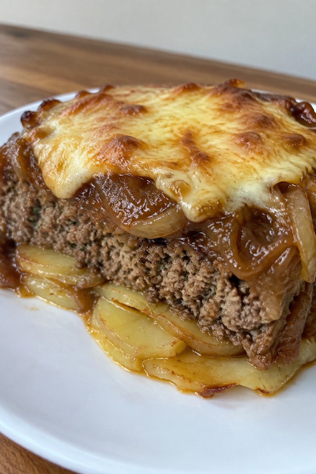 French Onion Meatloaf Casserole Layered with Potatoes and Caramelized Onion Gravy