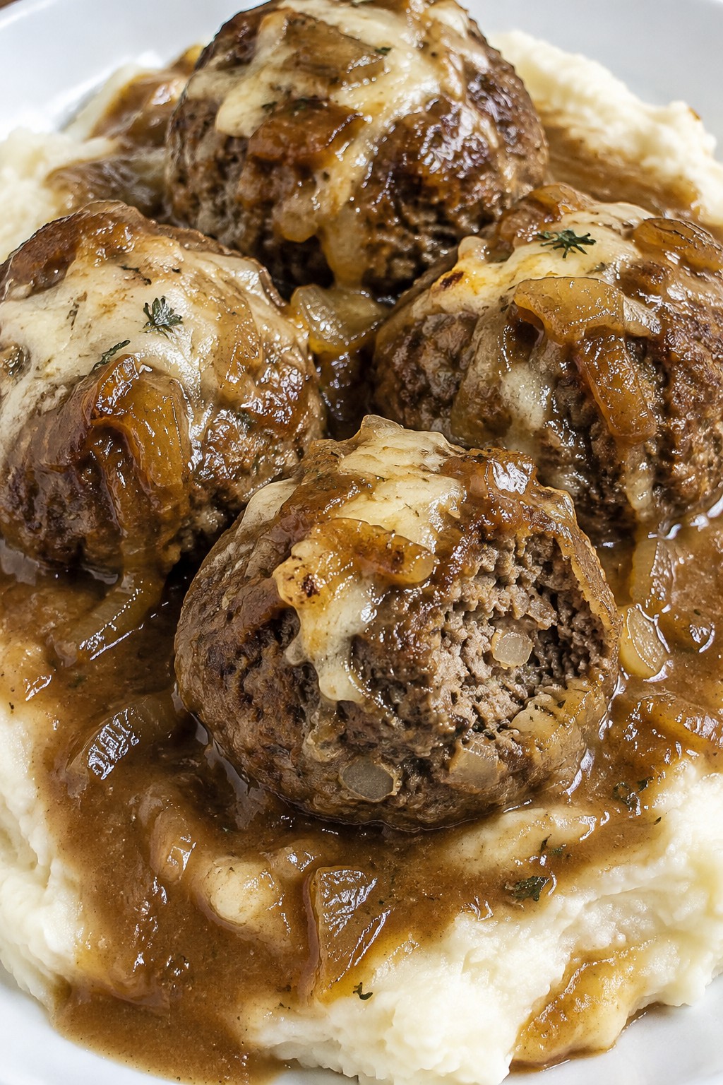 French Onion Meatloaf Meatballs over Mashed Potatoes with Onion Gravy