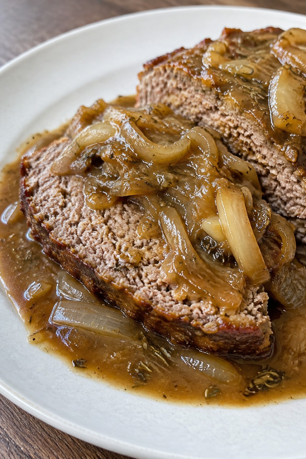 Slow Cooker French Onion Meatloaf with Thyme-Infused Onion Gravy