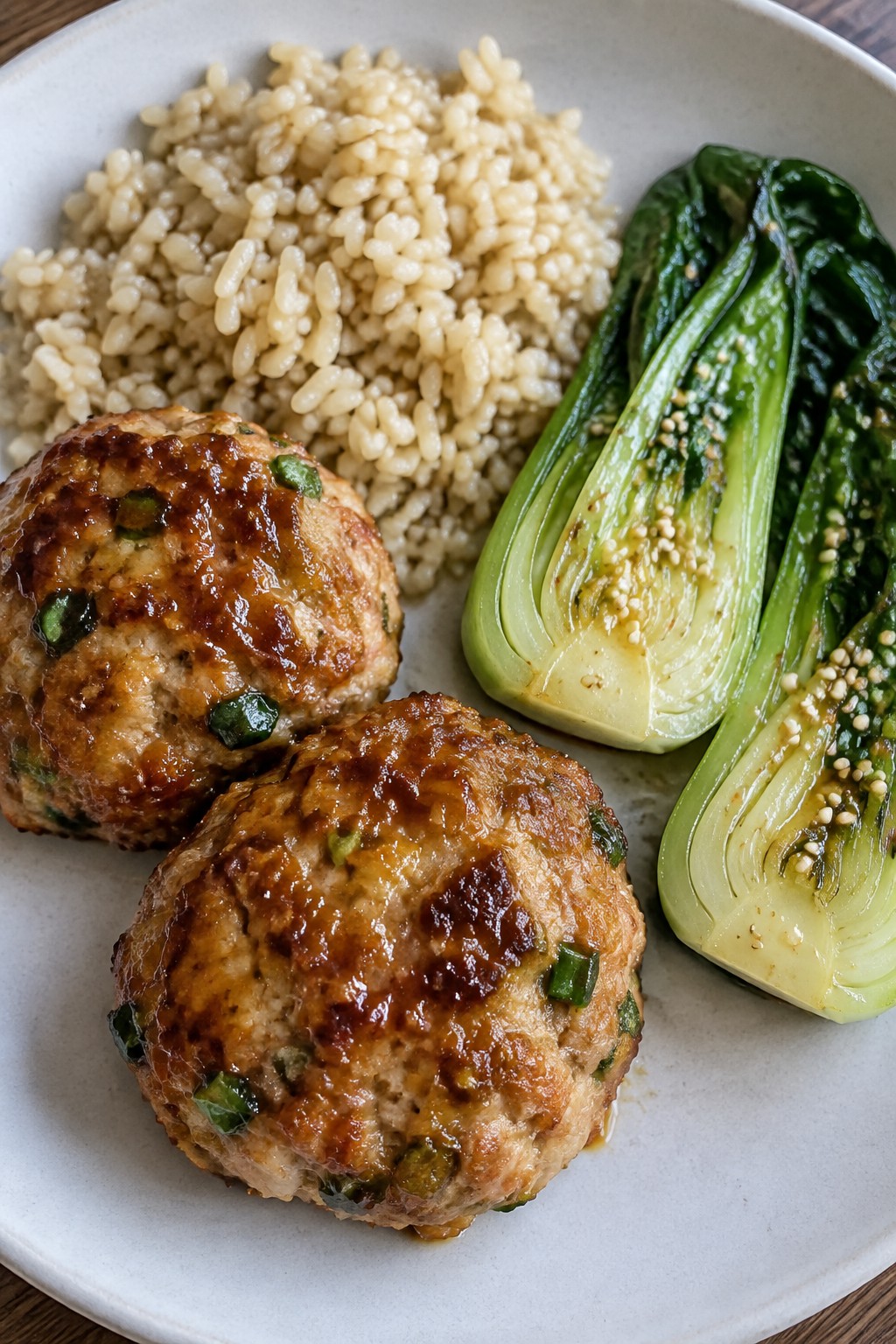 Ginger-Soy Mini Turkey Meatloafs with Brown Rice and Sesame Bok Choy