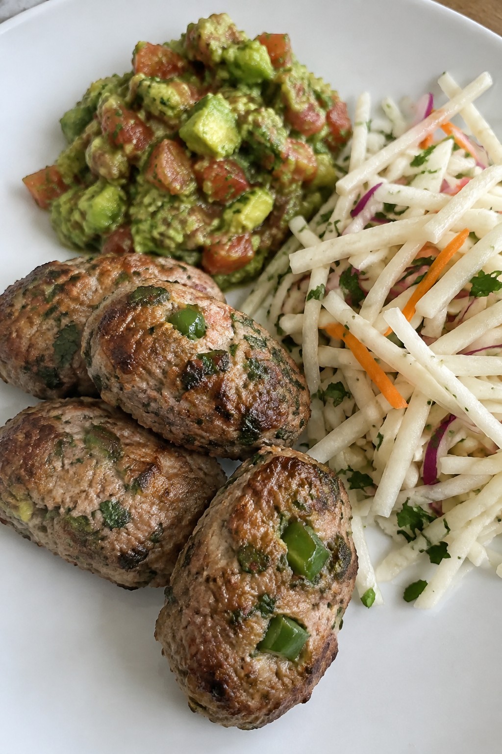 Jalapeño-Cilantro Mini Turkey Meatloafs with Avocado-Tomato Salsa and Jicama Slaw